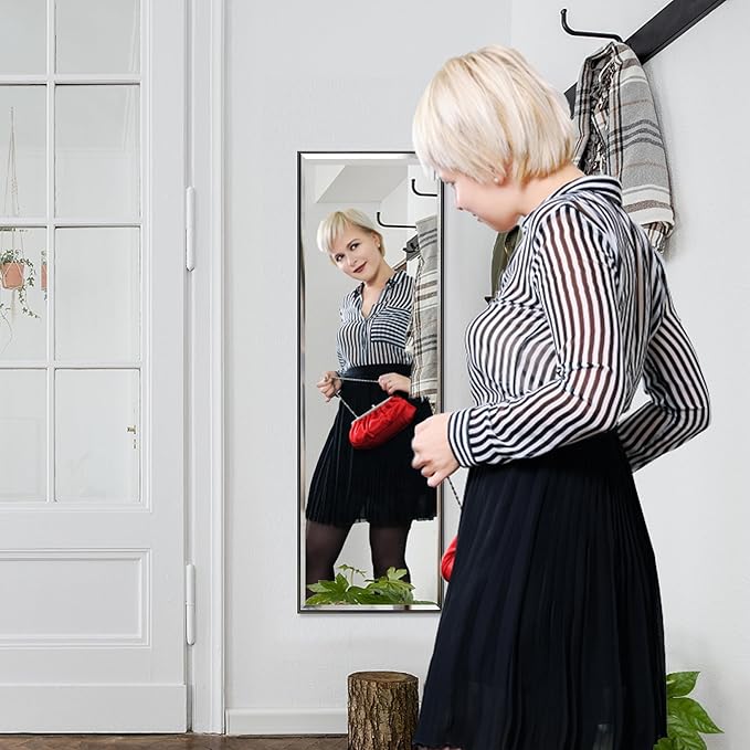 PETAFLOP 14x48 Inch Full Length Mirror Wall Mounted, Large Body Door Mirror with Rectangular Framed for Bedroom Bathroom Living Room Decor, Black