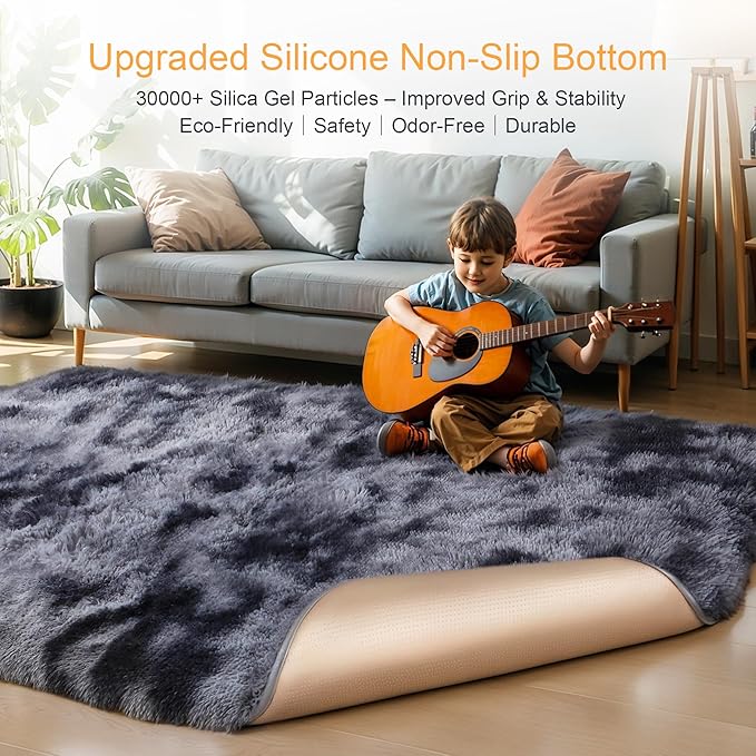 KICHOWUA Thick Area Rug Dark Grey Fluffy Shag 3x5 for Bedroom, Soft Plush Fuzzy Washable Carpet for Living Room, Non Slip Furry Floor Shaggy Rug for Kids Baby Nursery College Dorm, Tie-Dye Dark Gray