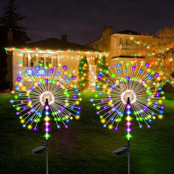 2 Pack Garden Decoration Solar Outdoor Light with 300 LEDs, Waterproof Solar Firework Lights 8 Lighting Modes, Suitable for Outdoor, Yard, Pathway ， Landscape Decoration(Multicolor)