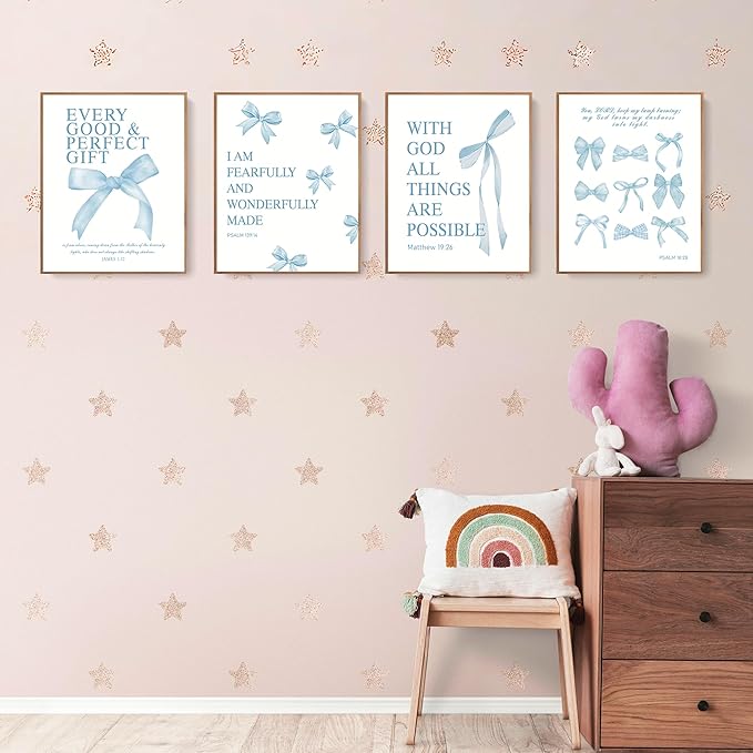 LARTSFRO Coquette Blue Bow Wall Art Decor Posters, Baby Blue Bow Room Bedroom Bathroom Dorm Wall Art Decor Aesthetic for College Teen Girls Gifts, Inspirational Bible Verses Bow Wall Decor, 10x8 Inch Set of 4 Pcs Bow Pictures (UNFRAMED)