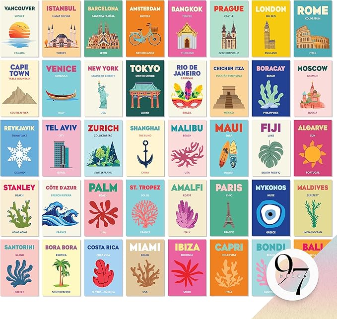 97 Decor Cute Preppy Room Decor Aesthetic - 40pcs Coastal Preppy Collage Kit, Colorful Preppy Posters For Teen Girls Room, Preppy Beach Room Decor, Summer Travel Wall Art Prints Dorm Decorations (4x6)
