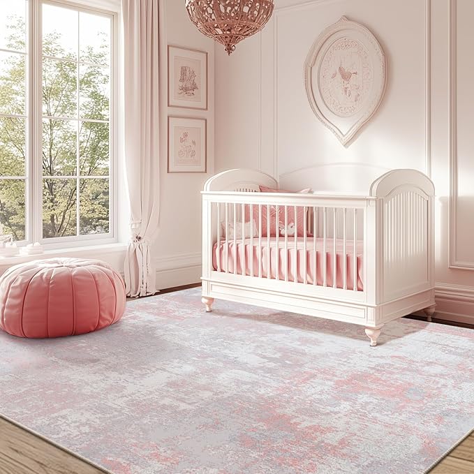 RELEANY Washable Area Rugs 6'x9' Non-Slip Modern Abstract Soft for Living Room Entryway Bedroom Nursery, Print Pattern, Grey Pink