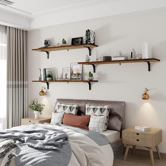 12 Inch Deep Floating Shelves Set of 3, 48 Inch Extra Wide Rustic Walnut Solid Wood Wall Shelves, 4ft Heavy Duty Farmhouse Wall Mounted Shelving for Kitchen, Living Room & Bedroom