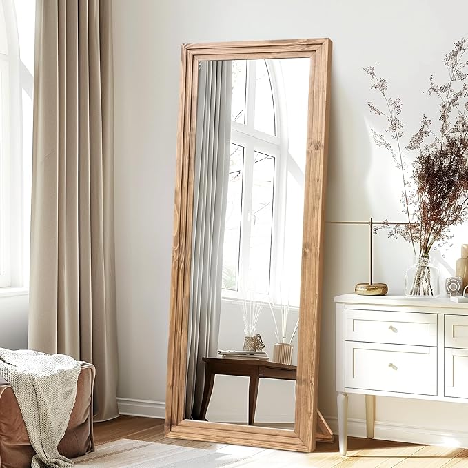 65"x22" Full Length Mirror Solid Wood Frame Floor Mirror with Stand for Living Room, Bedroom Hanging Standing or Leaning, Wood Color