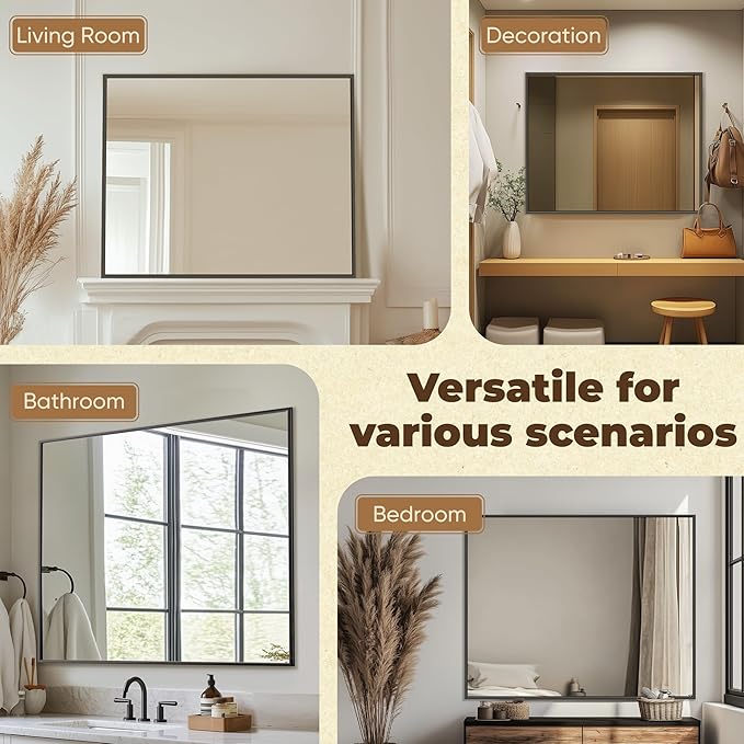 Antok 36x36 Black Metal Framed Bathroom Mirror, Wall Mirror with Rect Corners, Vanity Mirror for Over Sink, Anti-Rust Tempered Glass, Horizontal/Vertical Hanging for Bathroom, Living Room, Entryway