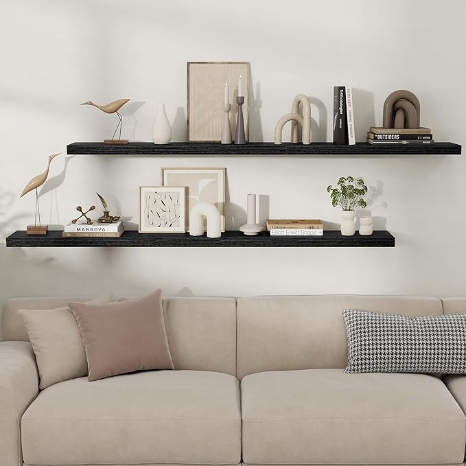Fun Memories Floating Shelves for Wall, Rustic Wood Wall Mounted Shelves for Bathroom, Bedroom, Living Room & Kitchen, Storage Display Shelves, (Set of 2, Black, 66 in)