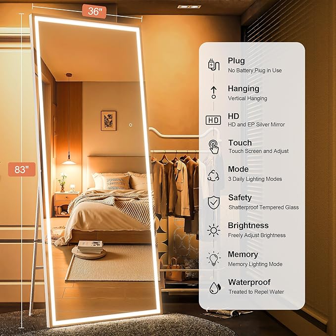 83" x 36" Full Length Mirror with Lights, Large LED Lighted Floor Standing Body Mirror, Dimmable & 3 Color Lighting for Bedroom, Cloakroom, Dressing Room, Tempered Glass, White Frame