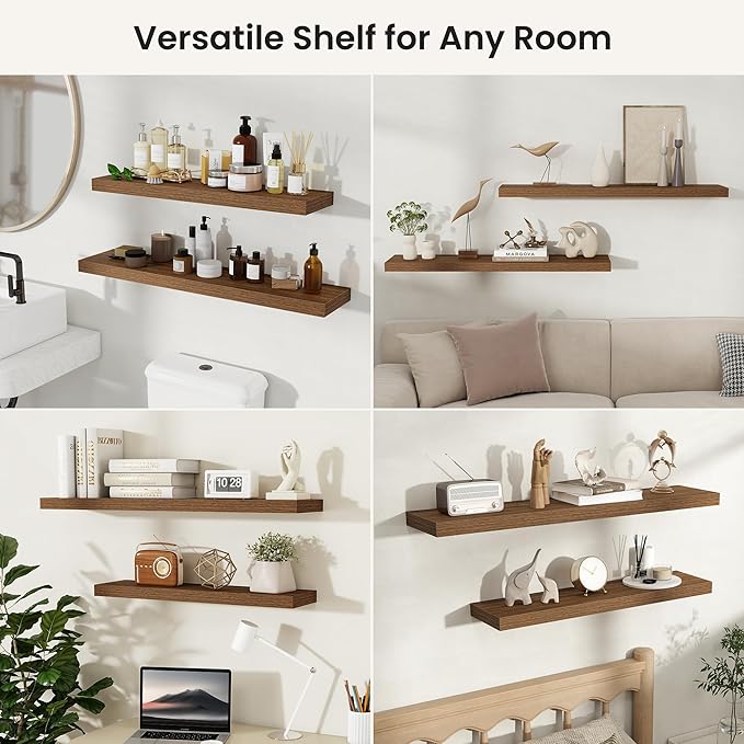 Fun Memories Rustic Wood Floating Shelves for Wall, Space-Saving Wall Mounted Shelves for Bathroom, Bedroom, Living Room and Kitchen, Stylish Storage & Display (Set of 2, Walnut, 40 in)