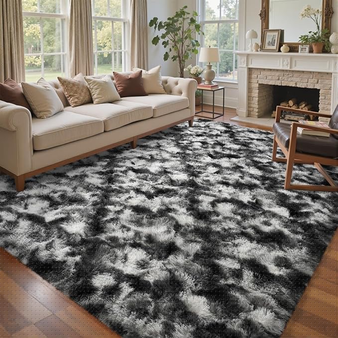 8x10 Ft Extra Large Shag Rugs for Living Room, Tie Dyed Ultra Soft Fluffy Furry Area Rugs for Bedroom Indoor Floor, Aesthetic Carpet for Kids Home Decor (Black Grey)