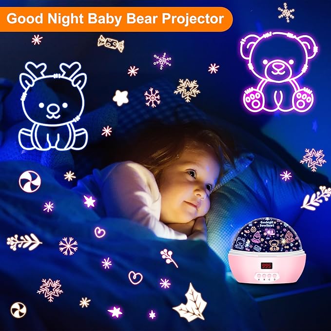 MOKOQI Kid Unicorn Night Light for Girls, and Baby Bear Night Lights Rotating Light Projector with Timer Color Changing Birthday Gifts for 3-5-10 Year Old Girls