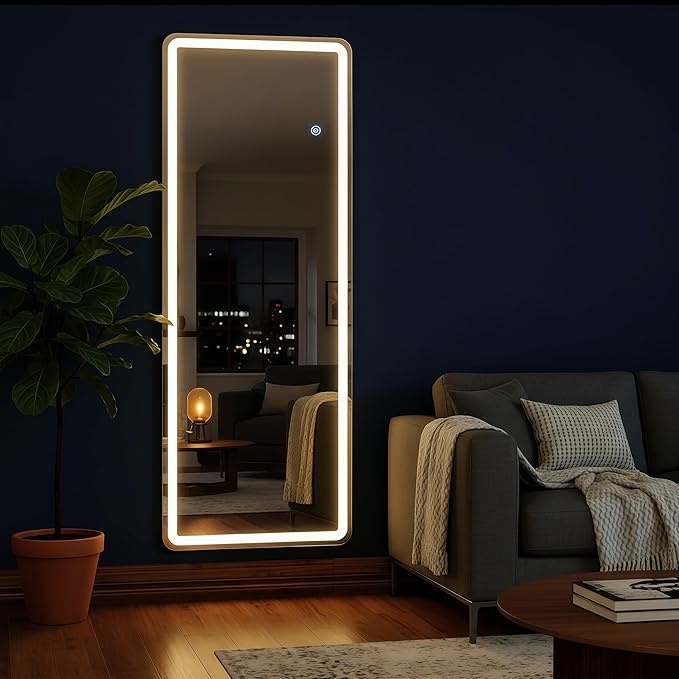 Full Length Mirror with LED Lights 65"x24"Rectangle Full body mirror with Stand Aluminum Alloy Frame, Tempered Glass Floor Mirror with Dimming&3 Color Lighting for Bedroom Dressing Room Silver