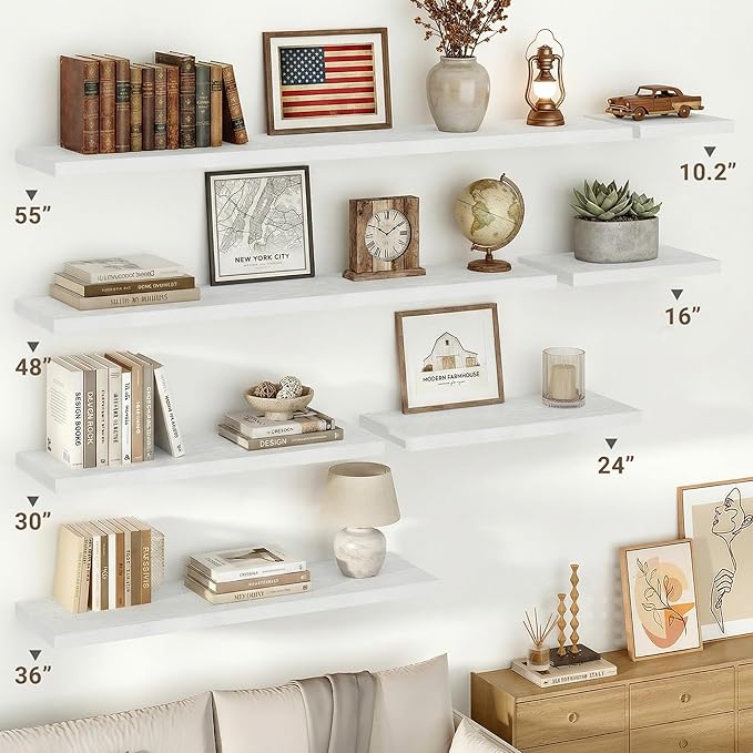 Vivelove 10 in Deep Floating Shelves for Wall, 47.2" x 10.2" x 1.5" Shelves for Room Wall Mounted, 1.5 Inch Thick Shelf for Bathroom Bedroom Kitchen Book Room, Modern Farmhouse Decor, Set of 2, White