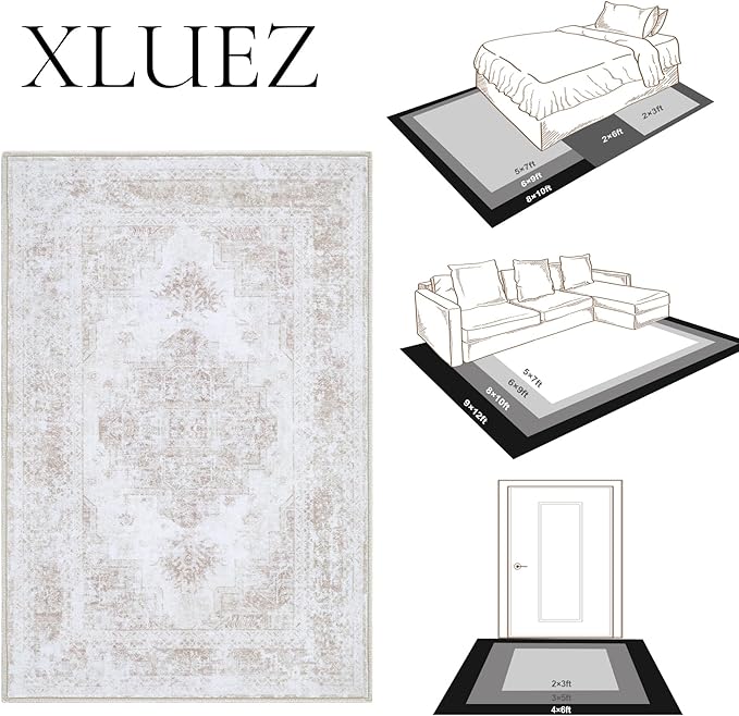 XLUEZ Area Rug 10x14 Living Room Rug, Machine Washable Vintage Distressed Medallion Rug Non-Slip Soft Low Pile Large Indoor Rugs for Bedroom Kitchen Dining Room Office(Beige,10'x14')