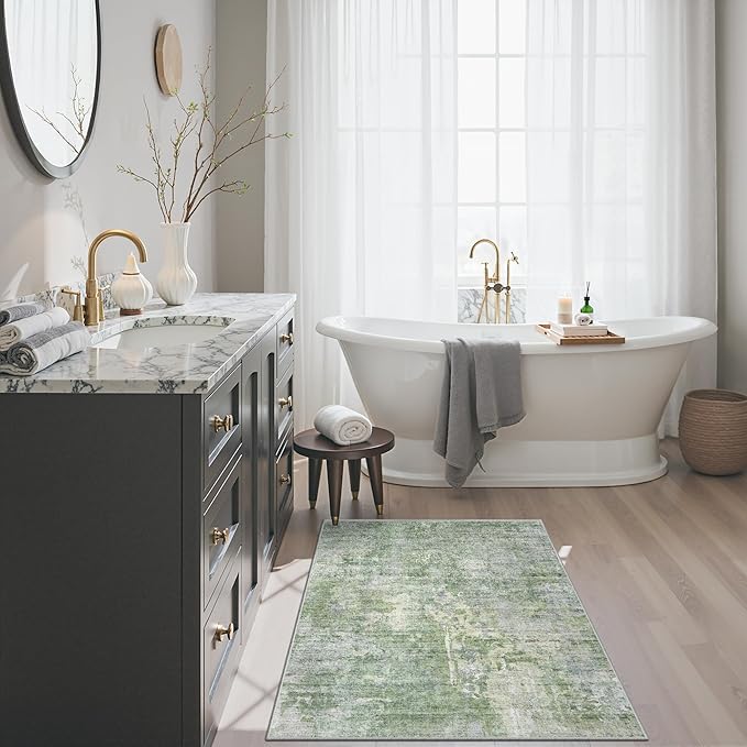 Soalmost 2x3 Abstract Washable Rugs for Kitchen, Floor, Entryway, Powder Room Small Area Rug Non-Slip Vintage Low Pile Throw Door Mat Green Ivory