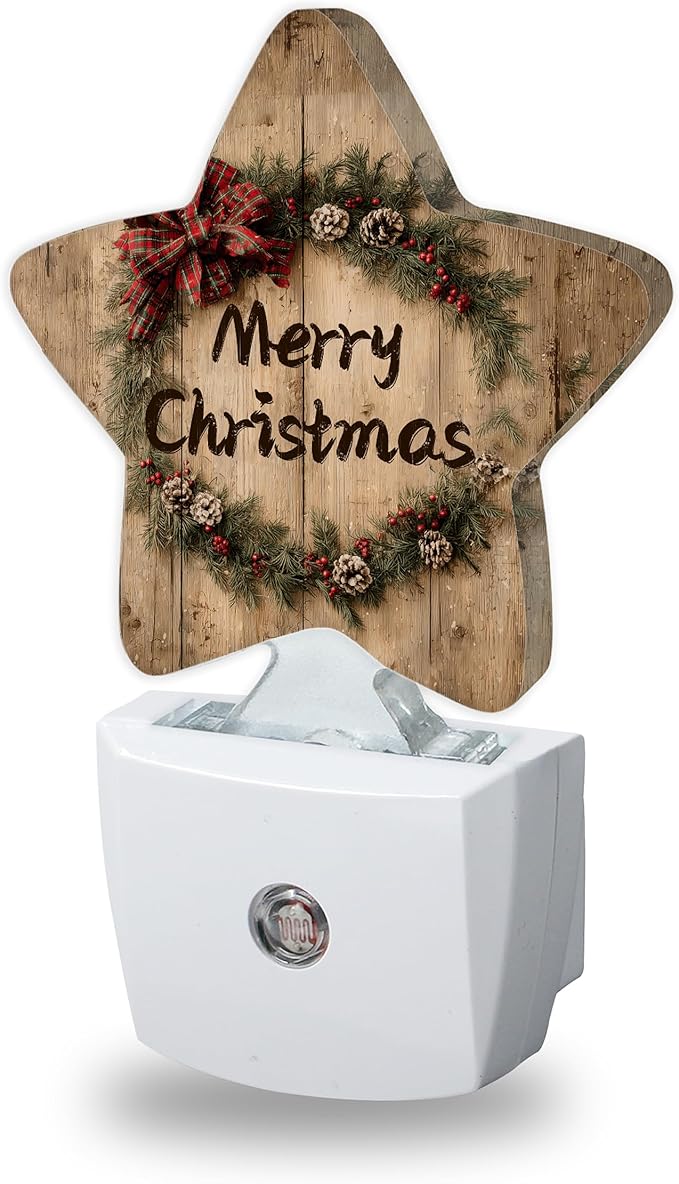 Merry Christmas Nightlights Plug in Wall,Rustic Wooden Decorative Star Lamp with Automatic Lighting for Living Space,Gentle Glow for Kids Room,Hallway,Bathroom