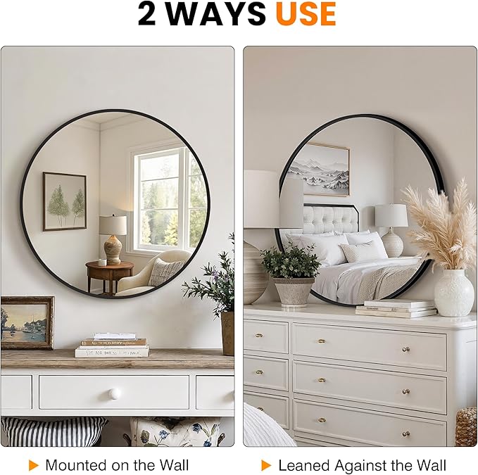 22 Inch Round Bathroom Mirror, 2 Pack Black Metal Framed Circle Wall Mirror for Over Sink, Modern Vanity Mirror for Bathroom with Tempered Glass