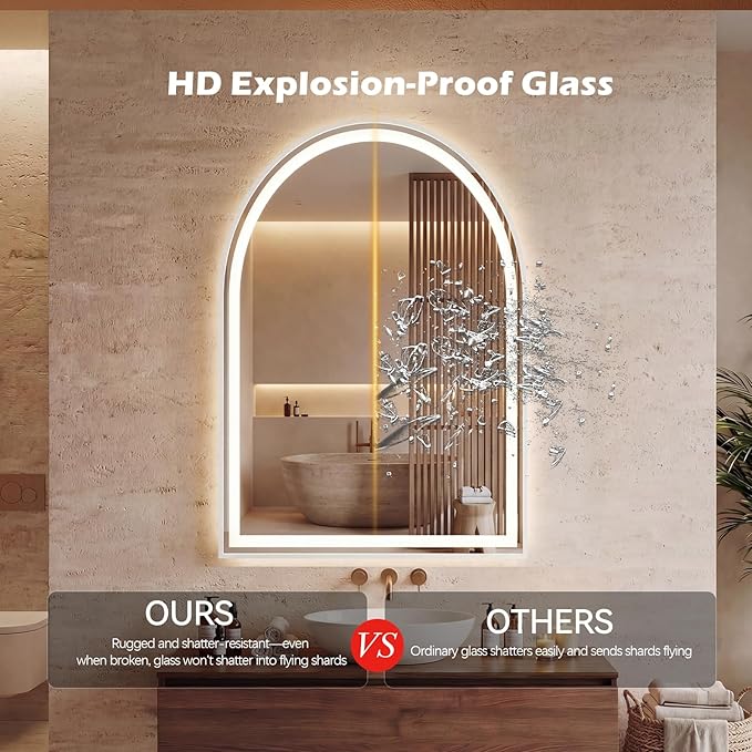 Sweetcrispy 24“×32” LED Bathroom Backlit Mirror with Lights, Arched Vanity Mirror with Anti-Fog, Dimmable, 3-Color Light, Memory Function, Tempered Glass