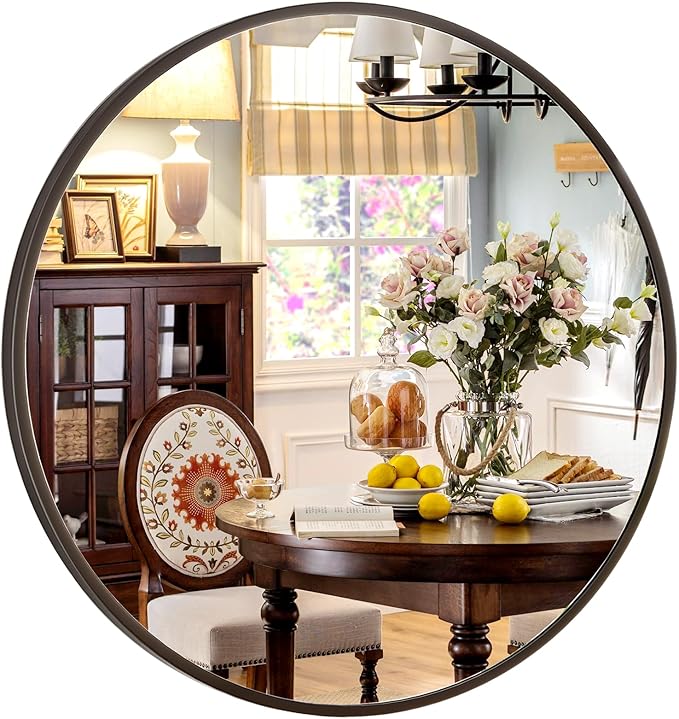 XRAMFY 36 Inch Round Mirror - Circle Mirrors for Bathroom, Entryway and Living Room Wall Decor, Modern Hanging Vanity Mirror, Matte Black Circle Decorative Wall Mirror