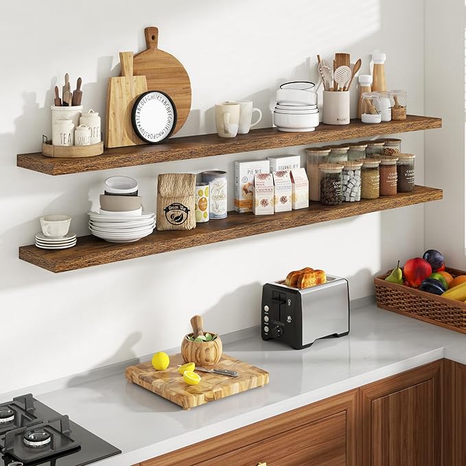 Acovy 72 Inch Floating Shelves, 8 Inch Deep Floating Shelves for Wall, Hanging Shelf with Invisible Brackets, Deep Shelves for Bathroom, Bedroom, Living Room, Brown, Set of 2