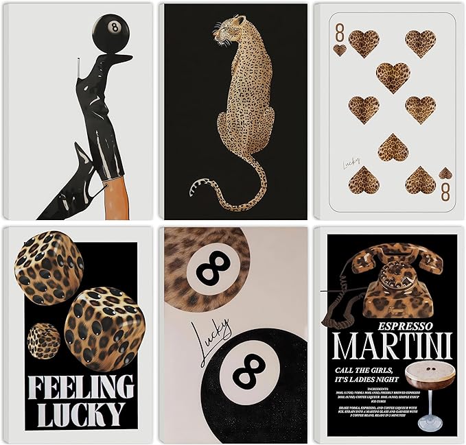 ZxXzkwpP Black Cheetah Print Room Decor Poster, Trendy Red Fashion Leopard Print Wall Art Aesthetic Lucky 8 Ball Poster Coquette Preppy Y2k Red Funky Art For Bedroom (Black 12x18x6 Framed)