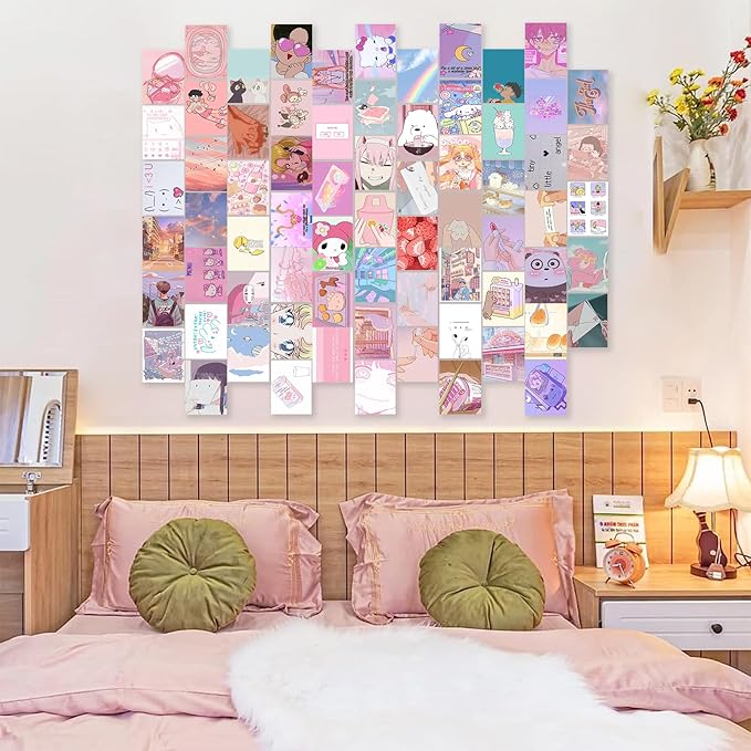 KBKBART Anime Aesthetic Wall Collage Kit, 70pcs Kawaii Room Decor, Pink Cartoon Assembled Print Card Set, Anime Photo Wall Collage Posters for Room Aesthetic, Cute Danish Pastel Wall Art 4x6 for
