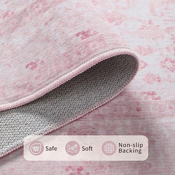 Rugxara 3x5 Rug for Entryway Bedroom, Pink 3x5 Washable Area Rug, Vintage Retro Boho Throw Rug, Non Slip & Low Pile Small Carpet for Indoor Entry, Kitchen, Bedside, Living Room, Bathroom and Dining