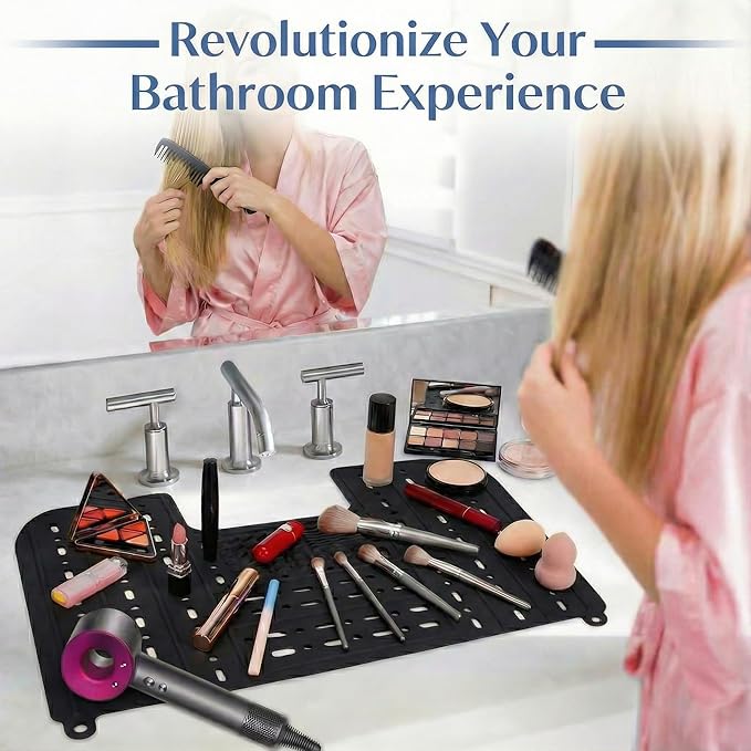Sink Foldable Cover, Bathroom Sink Top Cover Space Saver, Silicone Makeup Organizer Mat for Over Countertop Bathroom Accessories (Black)