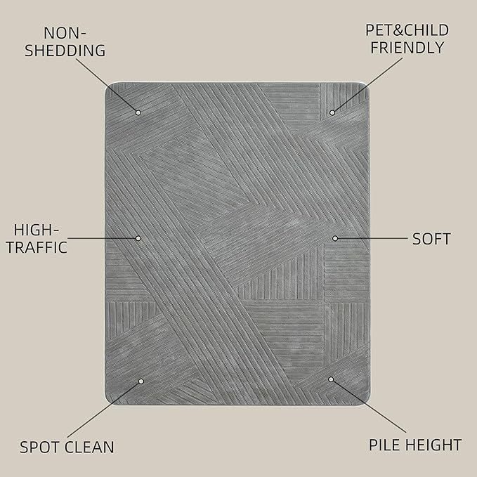 Gray 5x7 Modern Geometric Area Rug – Washable Living Room Rug, Minimalist Linear Carpet with Soft High-Low Pile, Fluffy Floor Rugs for Bedroom, Kids Room, Nursery, Home Décor, Grey
