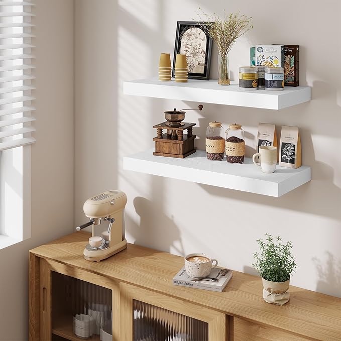 Fun Memories 12 Inch Deep Floating Shelves for Wall, 30 Inch Long Floating Shelf, 30 x 12 Shelf for Wall, Rustic Wood Bookshelves, Hanging Shelves for Bathroom Kitchen Bedroom, White, Set of 2