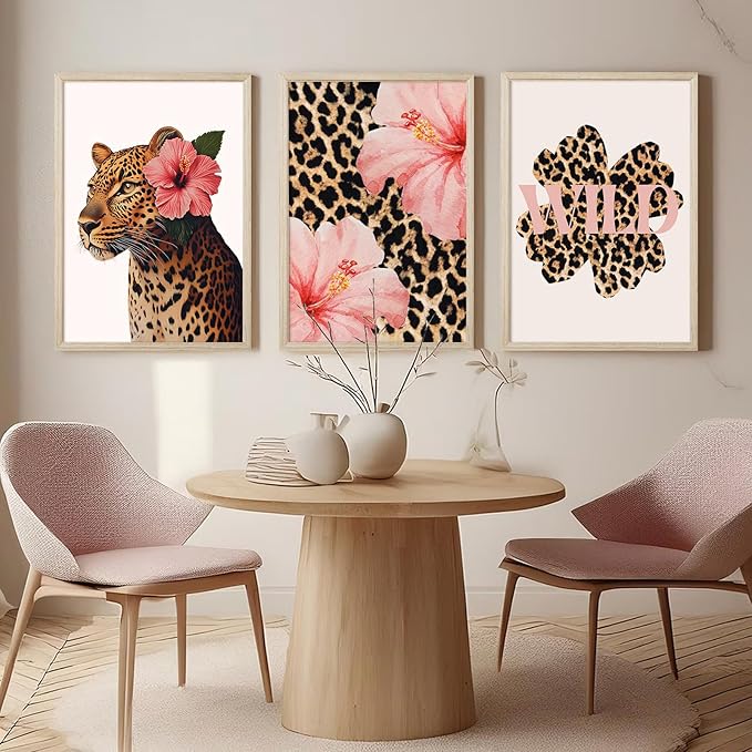 Trendy Leopard Wall Art Pink Cheetah Print Room Decor Leopard Flower Canvas Wall Decor Cheetah Aesthetic Poster Girly Pink Preppy Picture Funky Y2k Artwork for Girl Bedroom 24x36x3 Inch Wood Framed