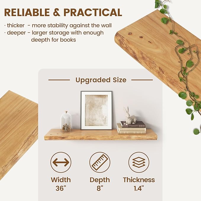 Venusmiles Live Edge Elm Floating Shelves for Wall Decor, Rustic Solid Wood Shevles Wall Mounted with Invisible Bracket for Living Room Bathroom Bedroom Kitchen, 36 Inch Set of 2, Natural