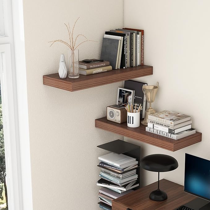 FLYJOE 30 Inch Floating Shelves | 12 Inch Deep Walnut Floating Shelves Set of 2 | 30" W x 12" D Rustic Wood Shelves for Wall | Deep Walnut Shelves for Living Room Bathroom Laundry Room Kitchen