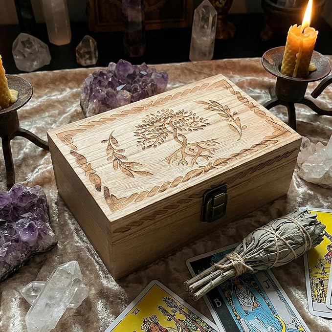 Keepsake Box 7.8" Vintage Wooden Box with Hinged Lid - Decorative Small Memory Chest for Women & Girls, Wooden Jewelry Box with Hand-Engraved Tree of Life