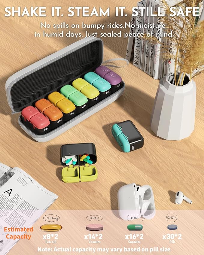 Weekly Pill Organizer 2 Times a Day, 7 Day Travel Medicine Pill Organizer with Moisture-Proof Silicone Lid, AM PM Daily Pill Box for Vitamins & Supplements, Aesthetics Pill Case(Rainbow)