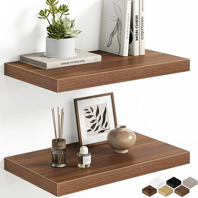 Floating Shelves Set of 2, 12 Inch Deep Floating Shelves with Heavy Duty Brackets, 20'' Rustic Wood Wall Mounted Shelf for Bathroom, Bedroom, Living Room & Kitchen, Modern Home Decor Storage, Walnut
