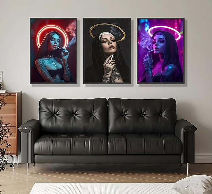 FJKLRP 3pcs Fashion Neon Nun Wall Art Cyberpunk Tattooed Feminine Canvas Print Dark neon Aesthetic Wall Decor for Bedroom Living Room Dorm Apartment Home Decor Unframed