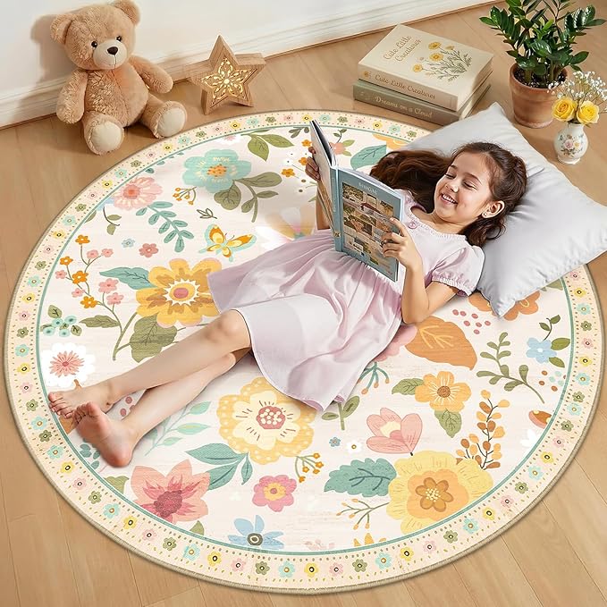RELEANY Floral Nursery 4ft Area Rugs Washable Print Boho Cute Carpet Non Slip Flower Low Pile for Living Room Kids Girls Playroom Bedroom Kitchen Office Farmhouse-Beige/White/Orange