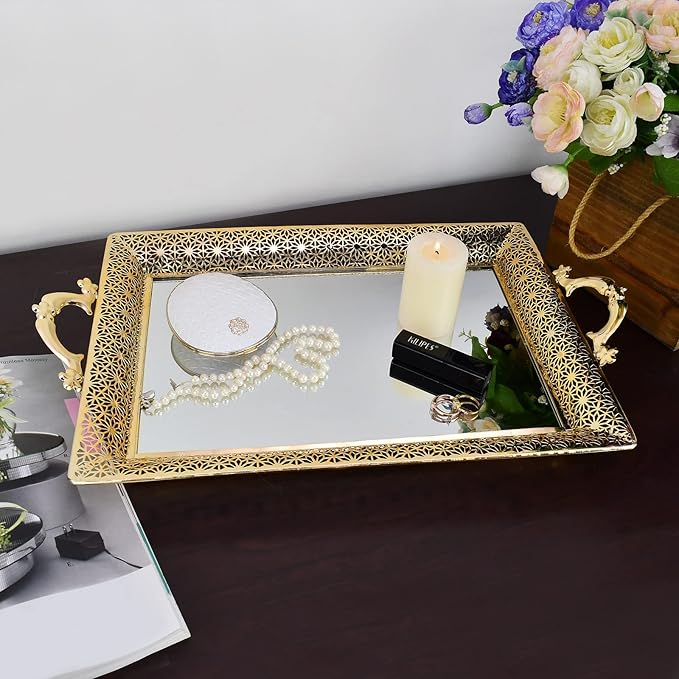 Decorative Glass Mirrored Tray Home Decor Vanity Tray for Dresser Make Up Jewelry Organizer Gold Perfume Tray Rectangle