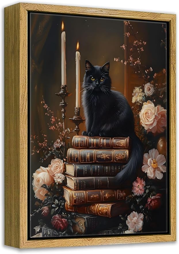 Framed Dark Academia Moody Wall Art Victorian Black Cat Wildflower Book Floral Wall Decor Picture Gothic Vintage Antique Aesthetics Poster Prints for Gallery Library Bookstore Decoration 12x16in