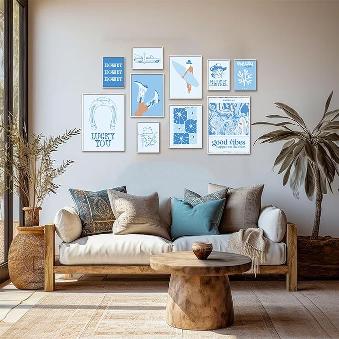 Uniro Coastal Cowgirl Room Decor, Coastal Granddaughter Room Decor, Light Blue Beachy Wall Decor Aesthetic Poster Pictures, Trendy Beach Wall Art Prints Preppy Surf Posters for Teen Girls, Dorm Bedroom Apartment decor- UNFRAMED