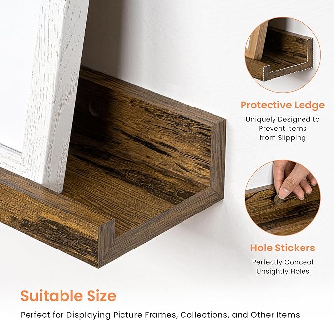 RICHFOCUS Picture Ledge Shelf, 16 inch Floating Shelves Set of 2, Wood Wall Shelves with Lip, Wall Decor Storage for Bedroom Living Room Bathroom Kitchen Nursery Photo Picture, Rustic Brown