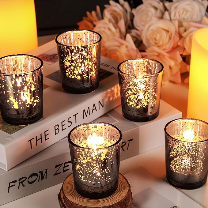 UPBUD Black Votive Candle Holders Set of 24, Speckled Mercury Candle Holders for Wedding Centerpiece Table Decorations, Tealight Candle Holder for Party Bridal Shower Decor, Home Decor
