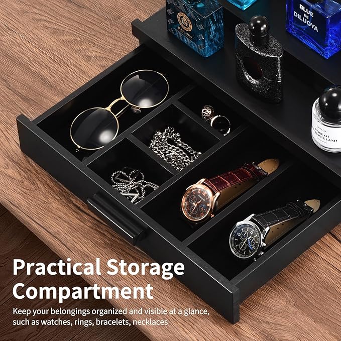 Perfume Organizer for Men, 3 Tier Wood Perfume Display Stand with Velvet Lining Drawer and Hidden Compartment for Watch,Jewelry,Perfume Display Risers,A Gift for Men (Black)