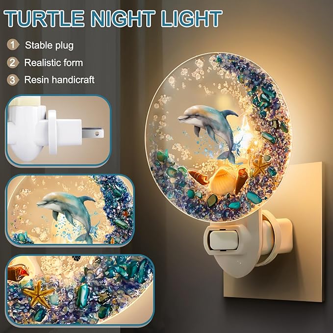 Hortsun Plug in Seashell Night Light Ocean Sea Animal Decorative Night Light Plug in Beach Lamps Vintage Ocean Lamps for Adult for Home Bedroom Living Room Bathroom Wall(Dolphin)
