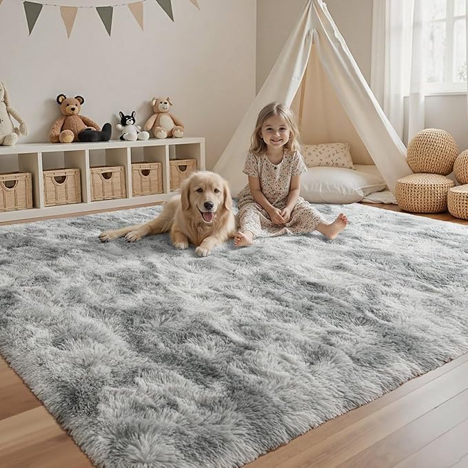 Grey White Rug for Living Room Fluffy 4x6 ft Bedroom Rug Non-Slip Fuzzy Area Rugs Shag Carpet for Nursery Kids Play Room Dorm Office Indoor Soft Modern Plush Carpets Gray