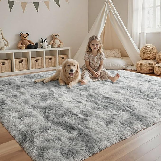 Grey White Rug for Living Room Fluffy 4x6 ft Bedroom Rug Non-Slip Fuzzy Area Rugs Shag Carpet for Nursery Kids Play Room Dorm Office Indoor Soft Modern Plush Carpets Gray