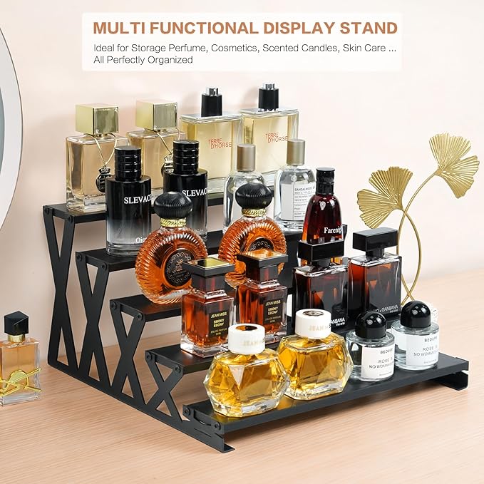 KALYLOC 5 Tier Wooden Display Riser Stand 13.8 Inch Metal Step Perfume Stand Organizer Tabletop Tiered Display Shelf Rack for Cologne Cupcake Spice Figures Cosmetics Candles (Black, X-Shape)