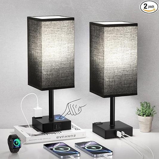 aooshine Black Lamp for Nightstand - Touch Table Lamp with Type C + A and AC Outlet, Square Charging Lamps for Bedroom Decor, Small Night Light for Office, Dorm Lamp for Men, E26 Bulb Included