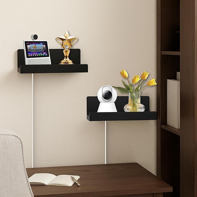 Floating Wall Shelves Set of 2, 12-Inch Solid Wood Shelves with Cable Holes, Small Display Shelf for Router, Webcam, Smart Speaker, Camera – Black