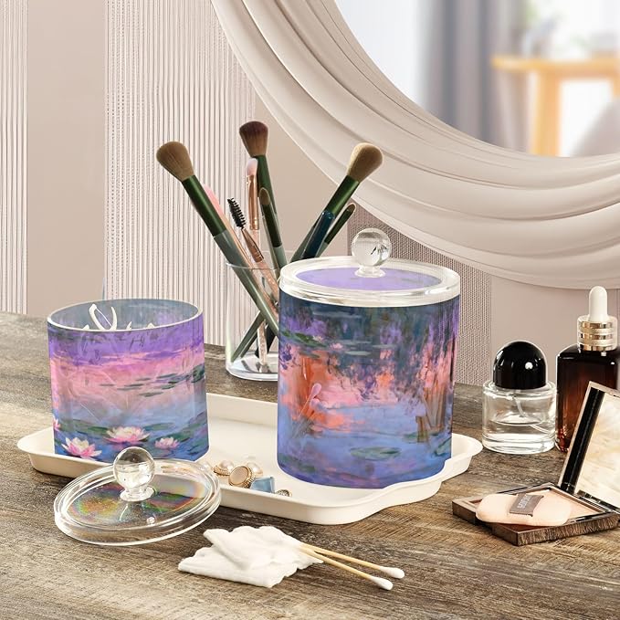 Oil Painting Lake Waterlily Purple Clear Plastic Makeup Organizer Storage with lid Pantry Essentials Decorative small storage bins for Cotton Swabs,Cotton Pads,Floss Picks,Paper Clips,Hair